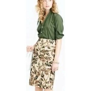 J Crew Gold Foil Leaf Design Straight Pencil Cotton Skirt Size 0